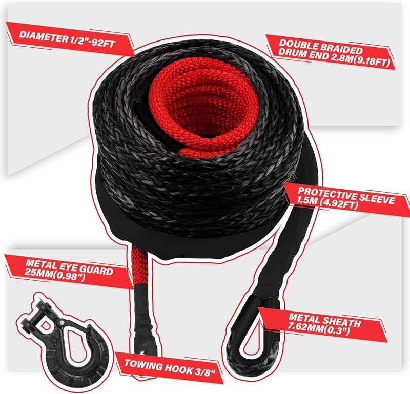TYT Synthetic Winch Rope Kit - 1/2" x 92' with 32000 lbs Strength, Protective Sleeve, Heavy Duty Hook and Safety Pull Strap for Off-Road 4x4 Vehicles, Trucks (Black) - Image 3
